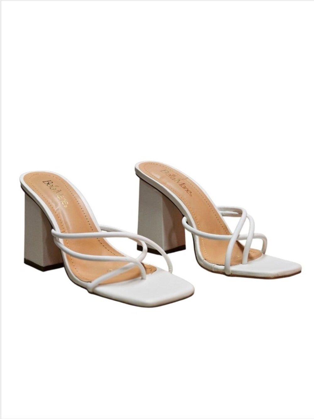 Womens White Strappy Block Heel Sandals With Square Toe Design - Picture 3 of 11